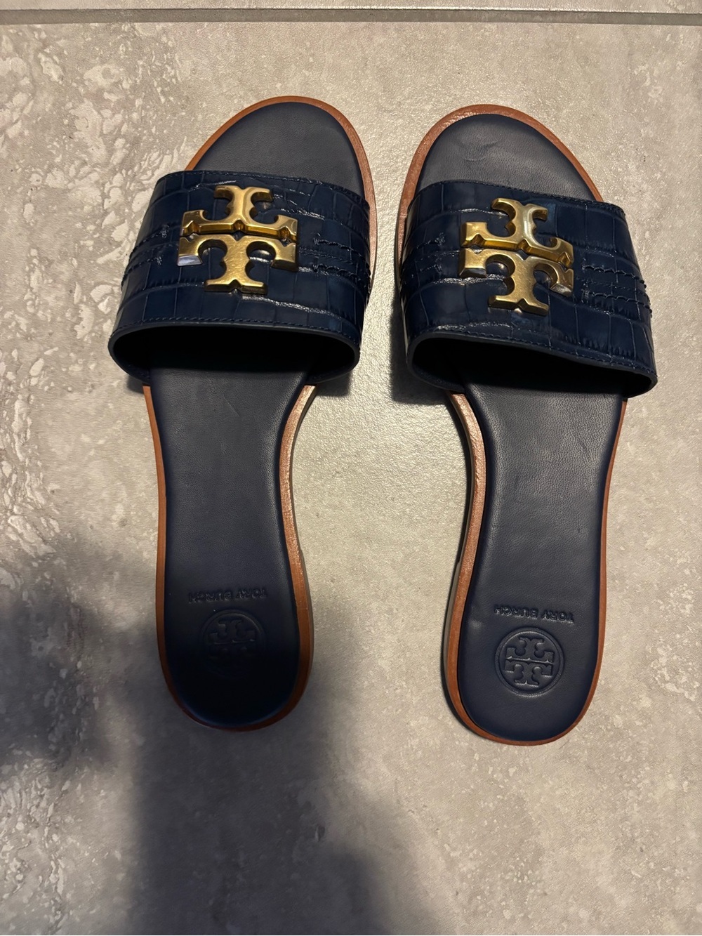 Tory Burch Everly Slide Sandals Resort Leather Croc Embossed Navy Blue 6.5
